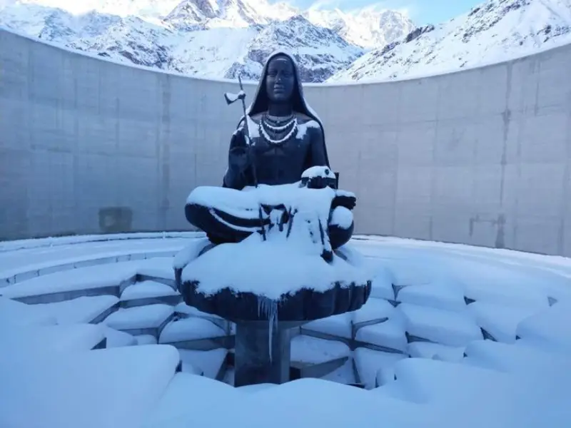 A view of Adi Shankaracharya Samadhi covered with ice near Bhairavnath temple